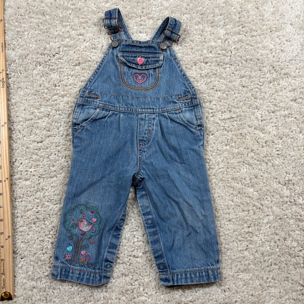 OshKosh B'gosh Baby Girl Denim Overalls Heart Bird Tree Embroidery 9 Months